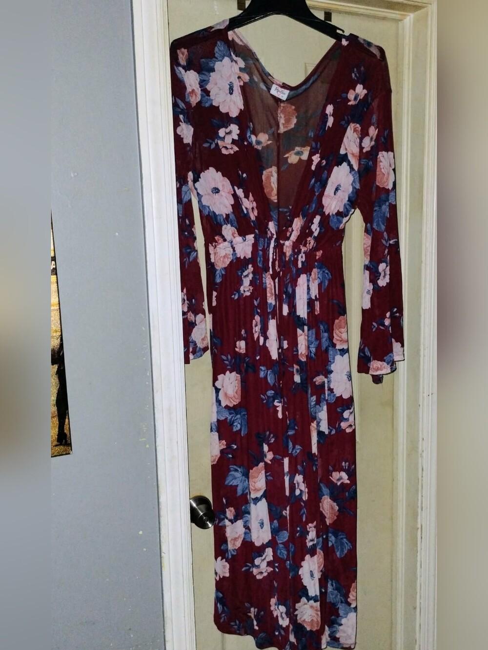 Floral V-Neck Long Sleeve Maxi Dress - Burgundy Pink Size Large/XL